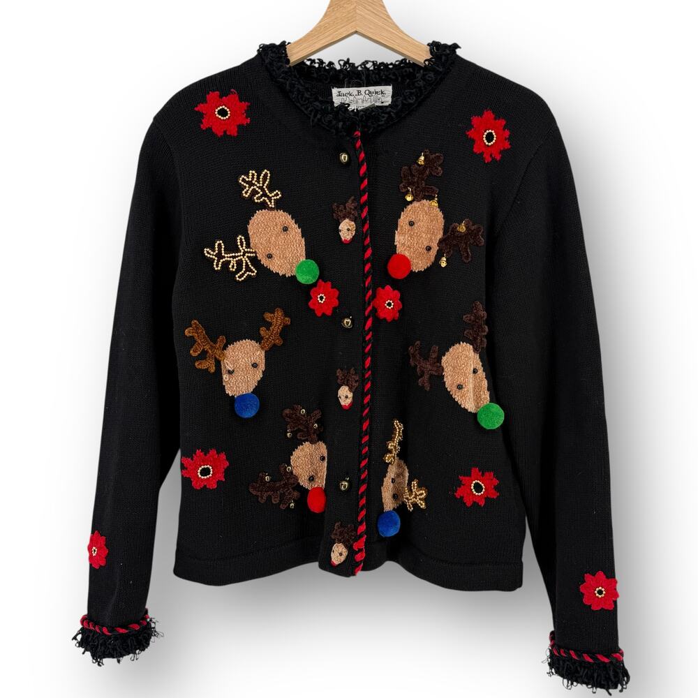 Jack B Quick Reindeer Christmas Cardigan Sweater Sz Medium Pom Pom Jingle Bells